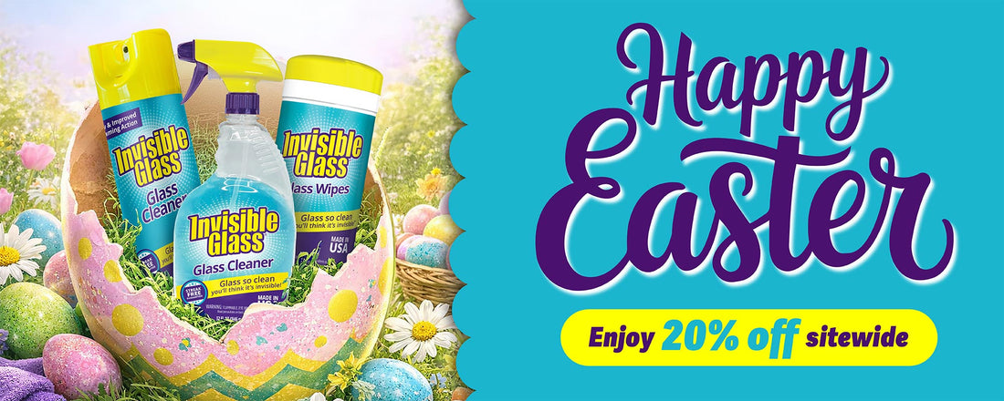 Invisible Glass cleaning products with Easter-themed decorations and promotional text on a blue background.