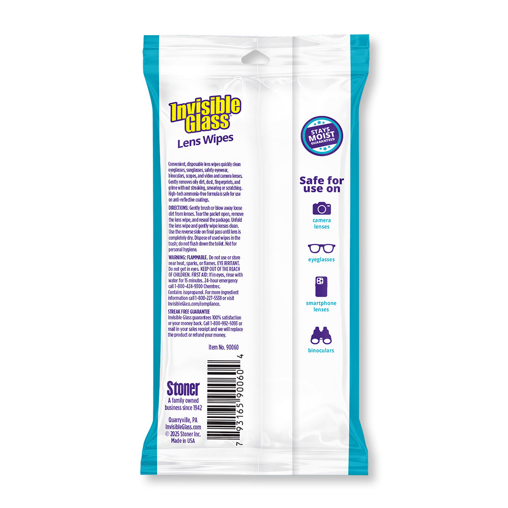 
                  
                    Pack of Invisible Glass lens wipes with branding and product details on a white background
                  
                
