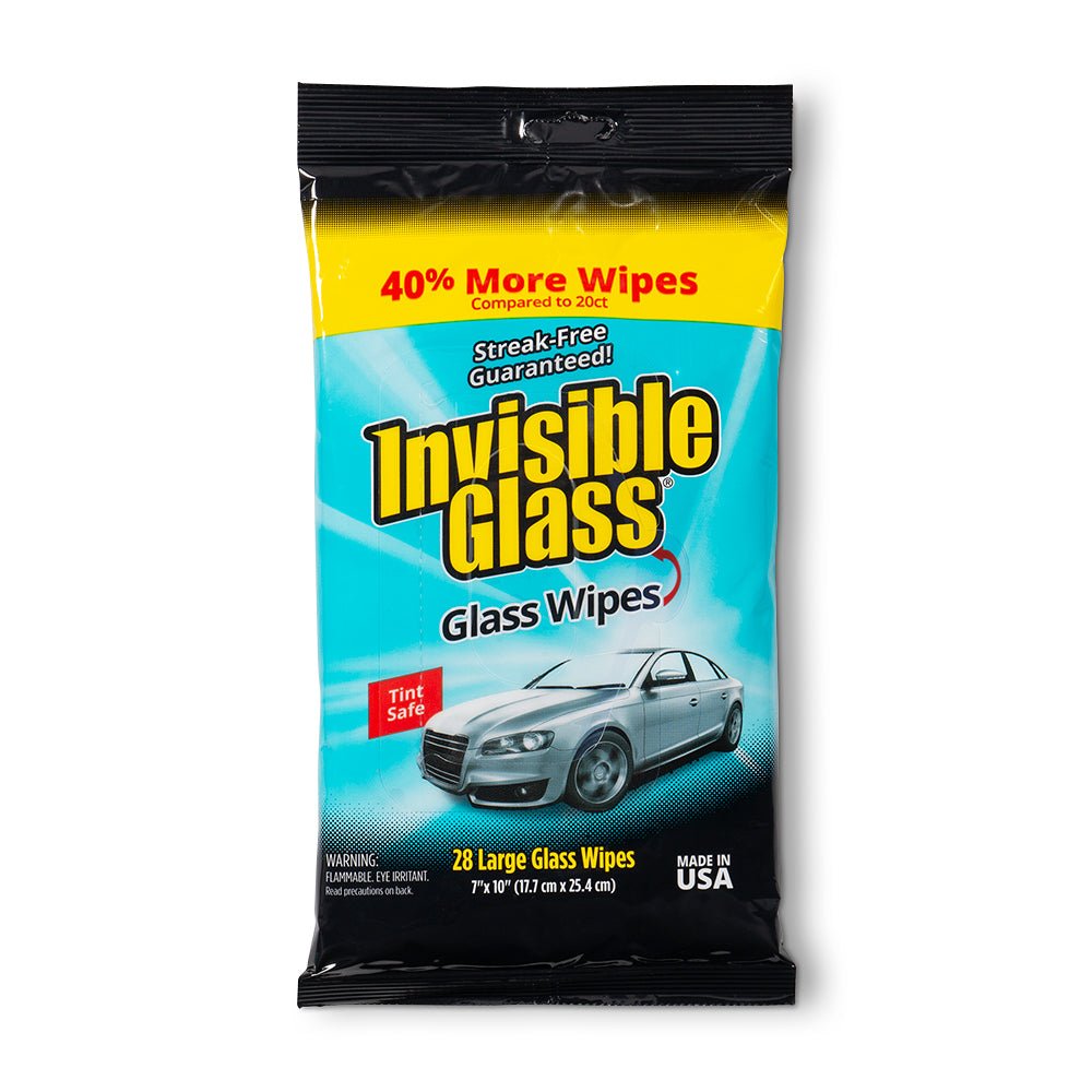 Pack of Invisible Glass glass wipes with a car on the packaging.