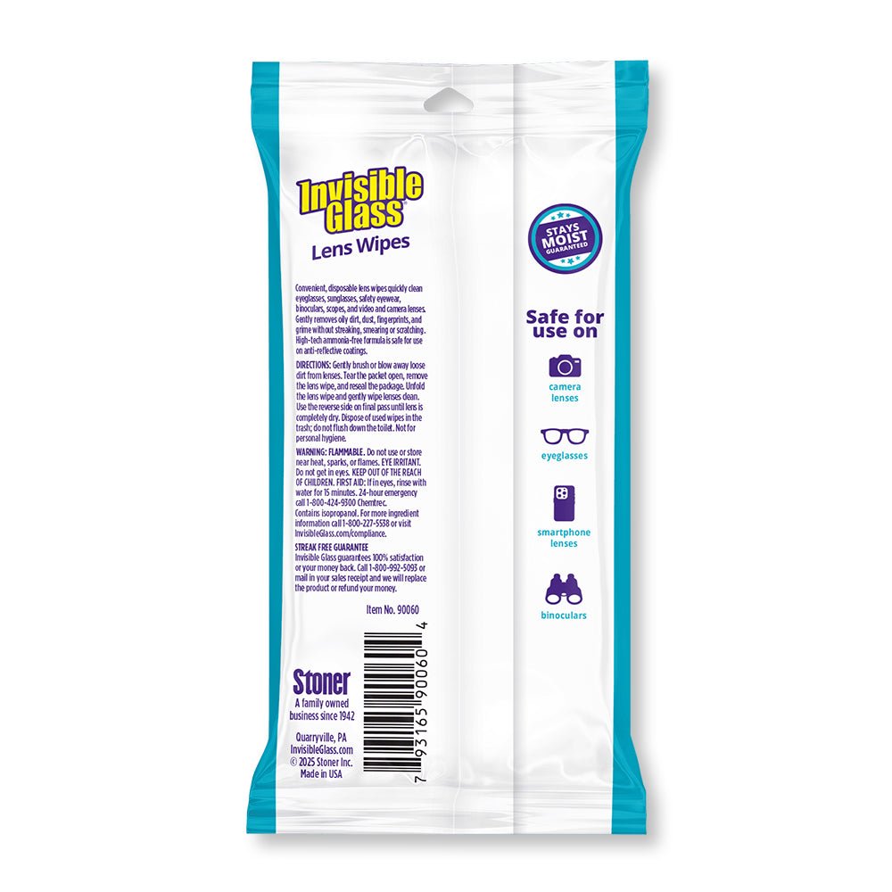 
                    
                      Pack of Invisible Glass lens wipes with branding and product details on a white background
                    
                  