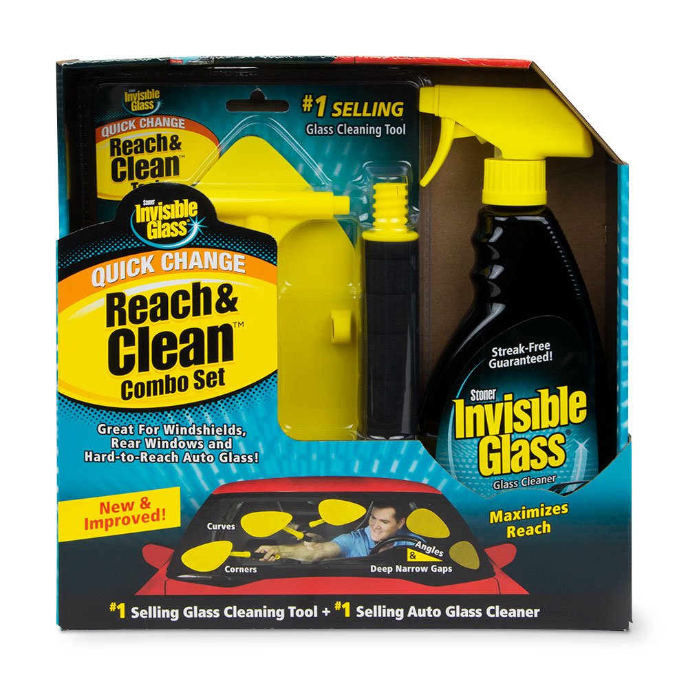 The image shows a product called 'Reach & Clean Combo Set' for glass cleaning, featuring a black spray bottle, a yellow extendable cleaning tool, and two yellow microfiber cleaning bonnets against a blue background.